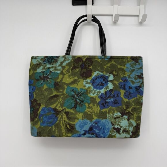 Unbranded Vintage Floral Blue Green Multi Tote Bag Boho 60s 70s Plastic - Picture 1 of 11